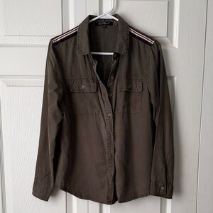 Olive Button Down Shirt with Stripe Accents